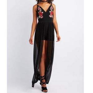 Black maxi romper with red embroidered flowers